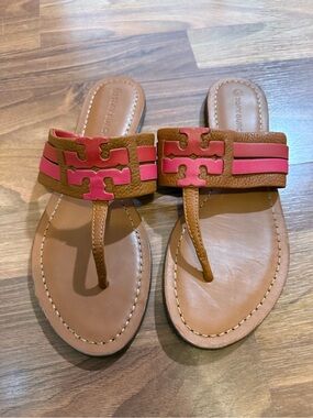 Tory Burch Tan and Pink Leather Sandals